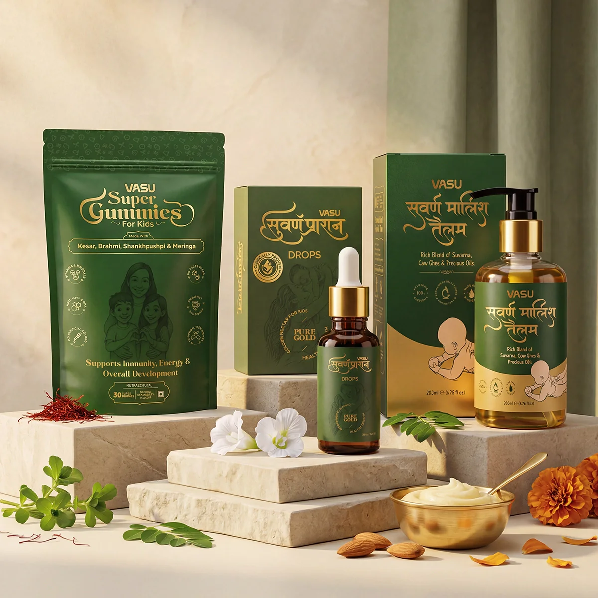Vasu Swarna Malish Tailam Baby Massage Oil (200ml) & Swarnaprashan Drops (30ml) & Super Gummies (30 Gummies)